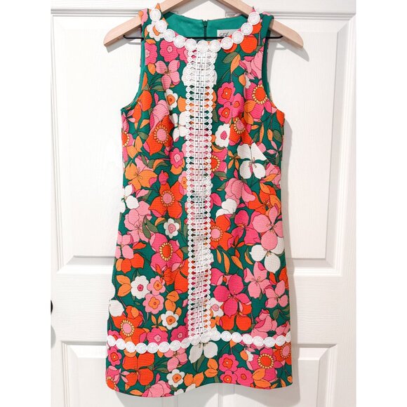 Eliza J 60's Mod Style Green Pink Floral Flower Print Embroidered Dress 2 Retro - Picture 1 of 10